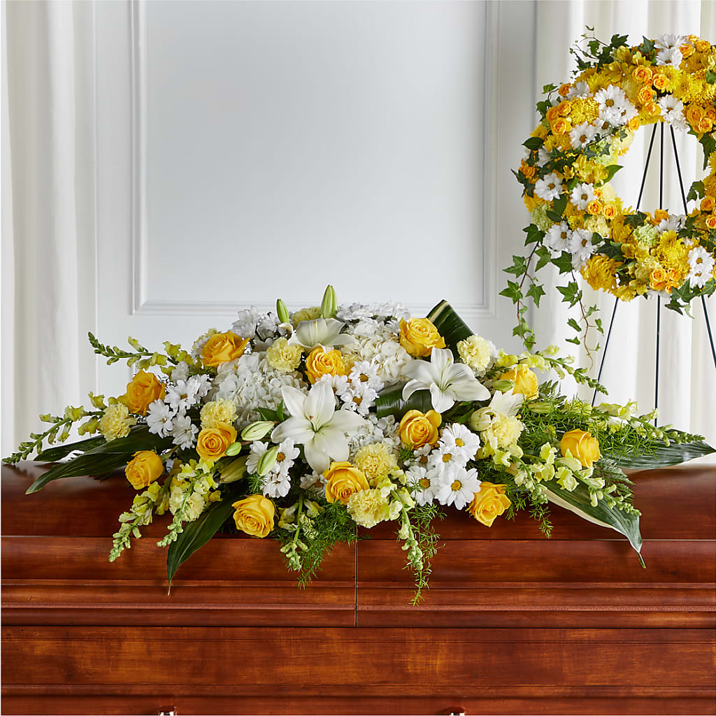 Golden Harmony Casket Spray – NEIL'S FLOWERS AND GREENHOUSES, Kingston ON